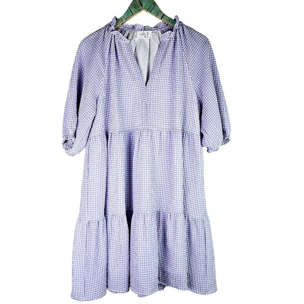Tula J Tiered Babydoll Lined Purple White Gingham Plaid Dress, NWOT, Sz L